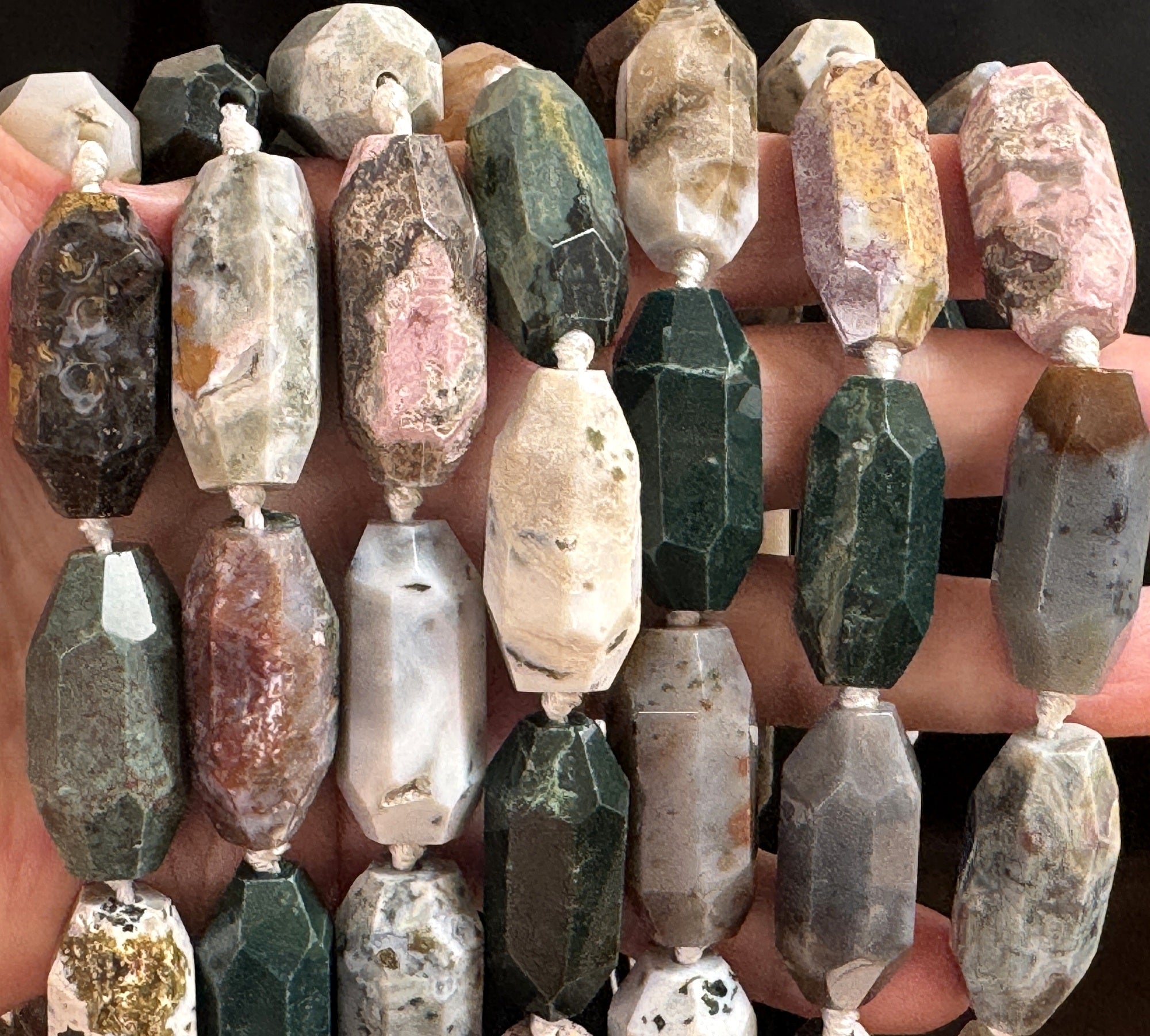 Madagascar Ocean Jasper 30mmx14mm faceted barrel gemstone beads 40cm strand - Oz Beads 