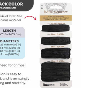 Opelon Black Stretch Fiber Cord Variety Pack 4 sizes 22.8 meters each - Oz Beads 