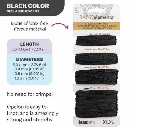 Opelon Black Stretch Fiber Cord Variety Pack 4 sizes 22.8 meters each - Oz Beads 