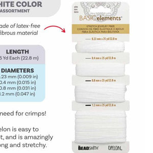 Opelon White Stretch Fiber Cord Variety Pack 4 sizes 22.8 meters each - Oz Beads 