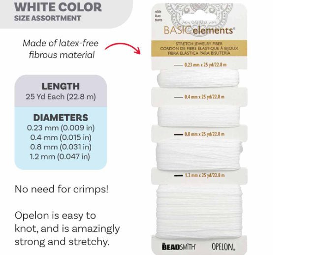 Opelon White Stretch Fiber Cord Variety Pack 4 sizes 22.8 meters each - Oz Beads 
