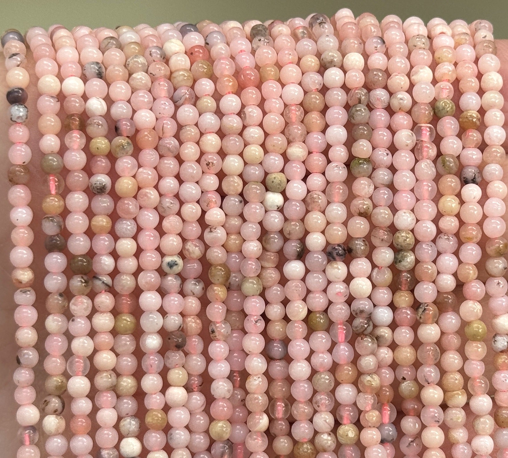 Peruvian Pink Opal 3mm round polished natural gemstone beads 15" strand - Oz Beads 