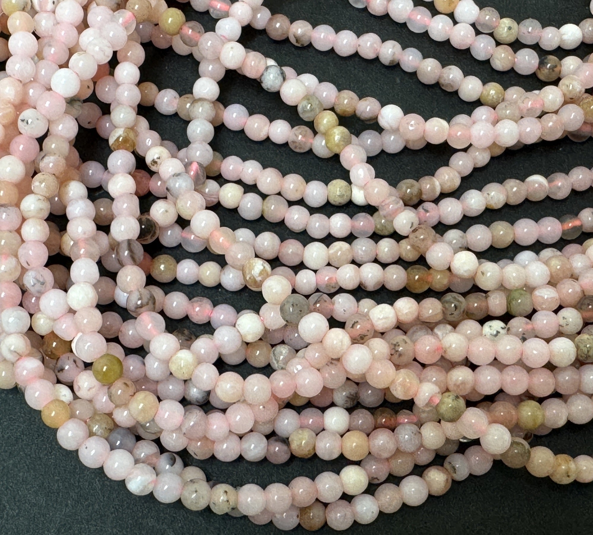 Peruvian Pink Opal 3mm round polished natural gemstone beads 15" strand - Oz Beads 