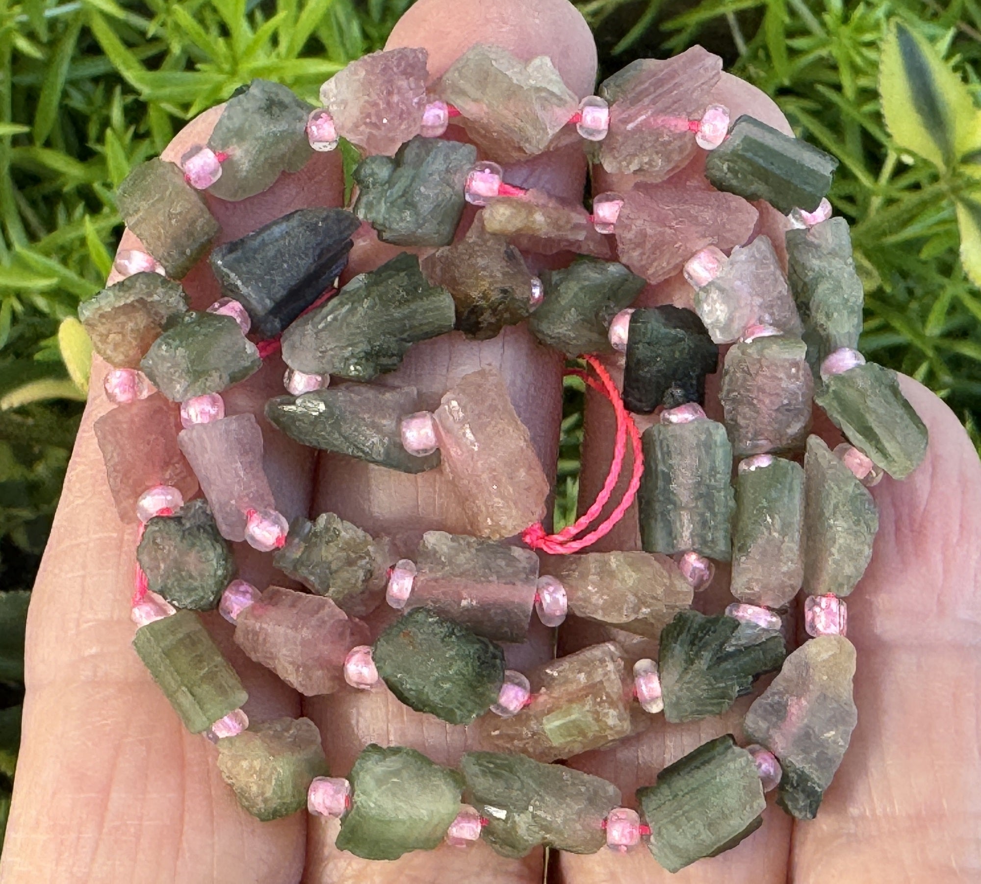 Pink Green Watermelon Tourmaline raw nuggets natural gemstone beads 38cm strand - Oz Beads 