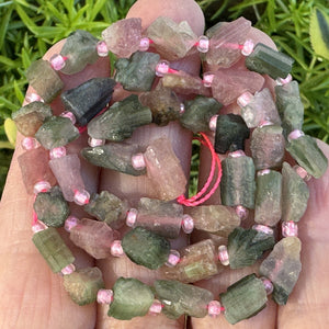 Pink Green Watermelon Tourmaline raw nuggets natural gemstone beads 38cm strand - Oz Beads 