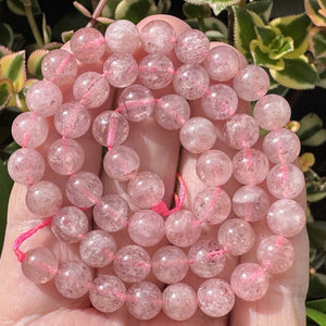 Pink Strawberry Quartz 8mm round natural gemstone beads 16" strand - Oz Beads 