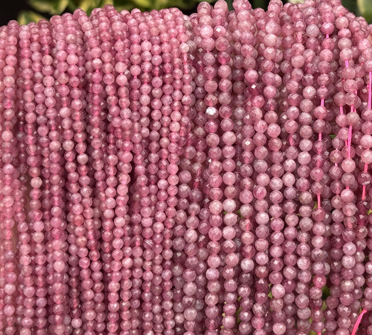 Pink Tourmaline 3mm,4mm faceted round natural gemstone beads 15.5" strand - Oz Beads 