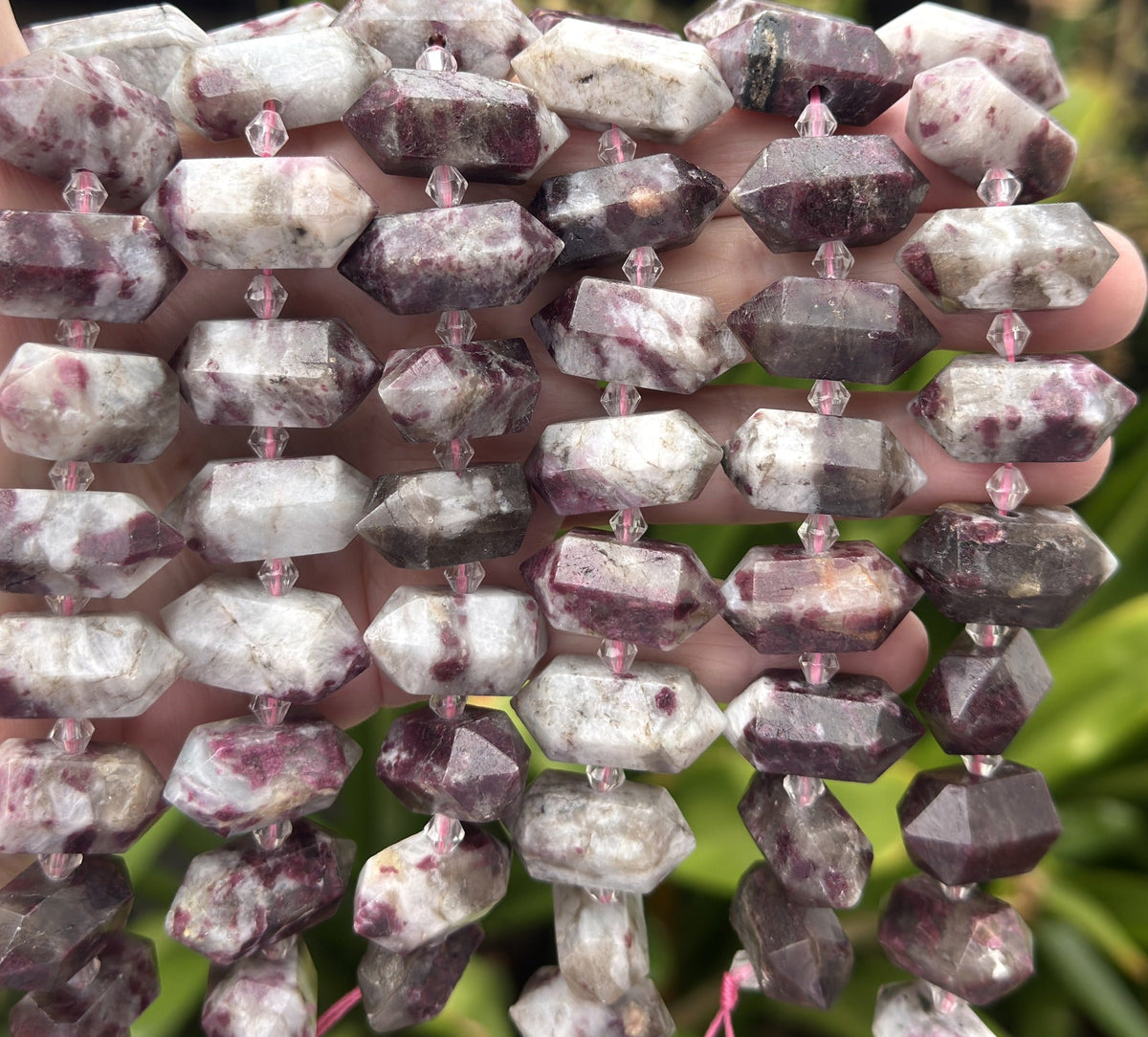 Pink Tourmaline in Quartz, 25 double terminated centre drilled points, 38cm strand - Oz Beads 