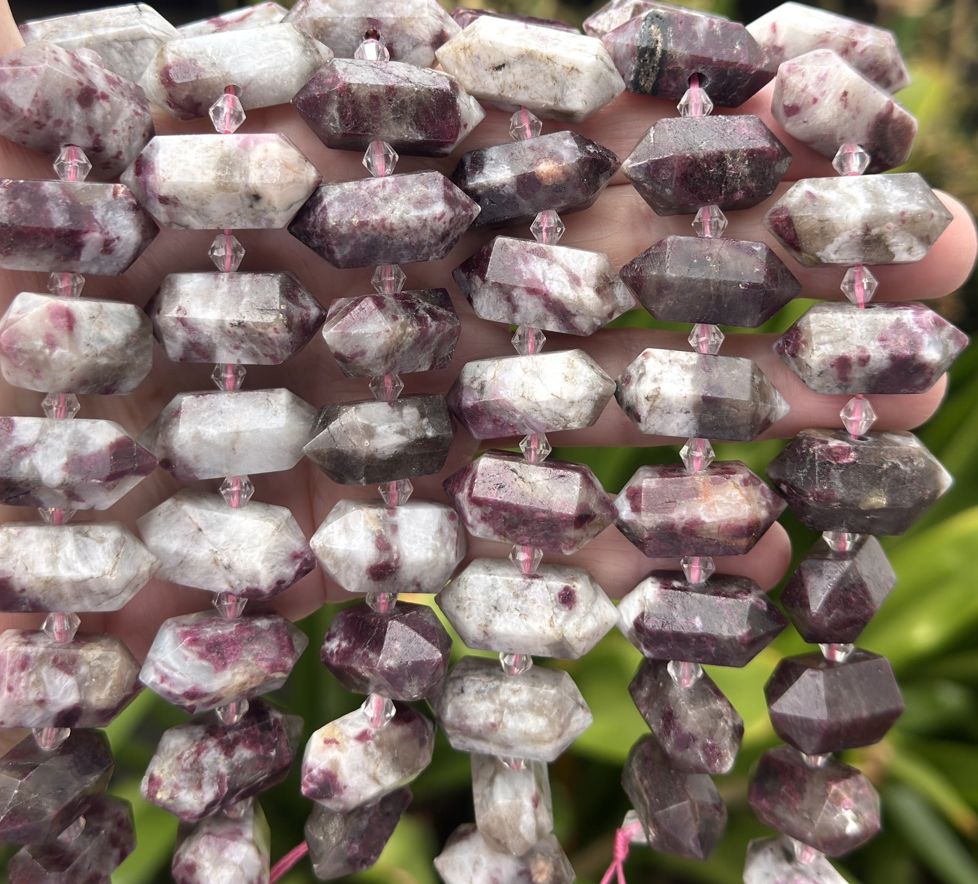 Pink Tourmaline in Quartz, 25 double terminated centre drilled points, 38cm strand - Oz Beads 