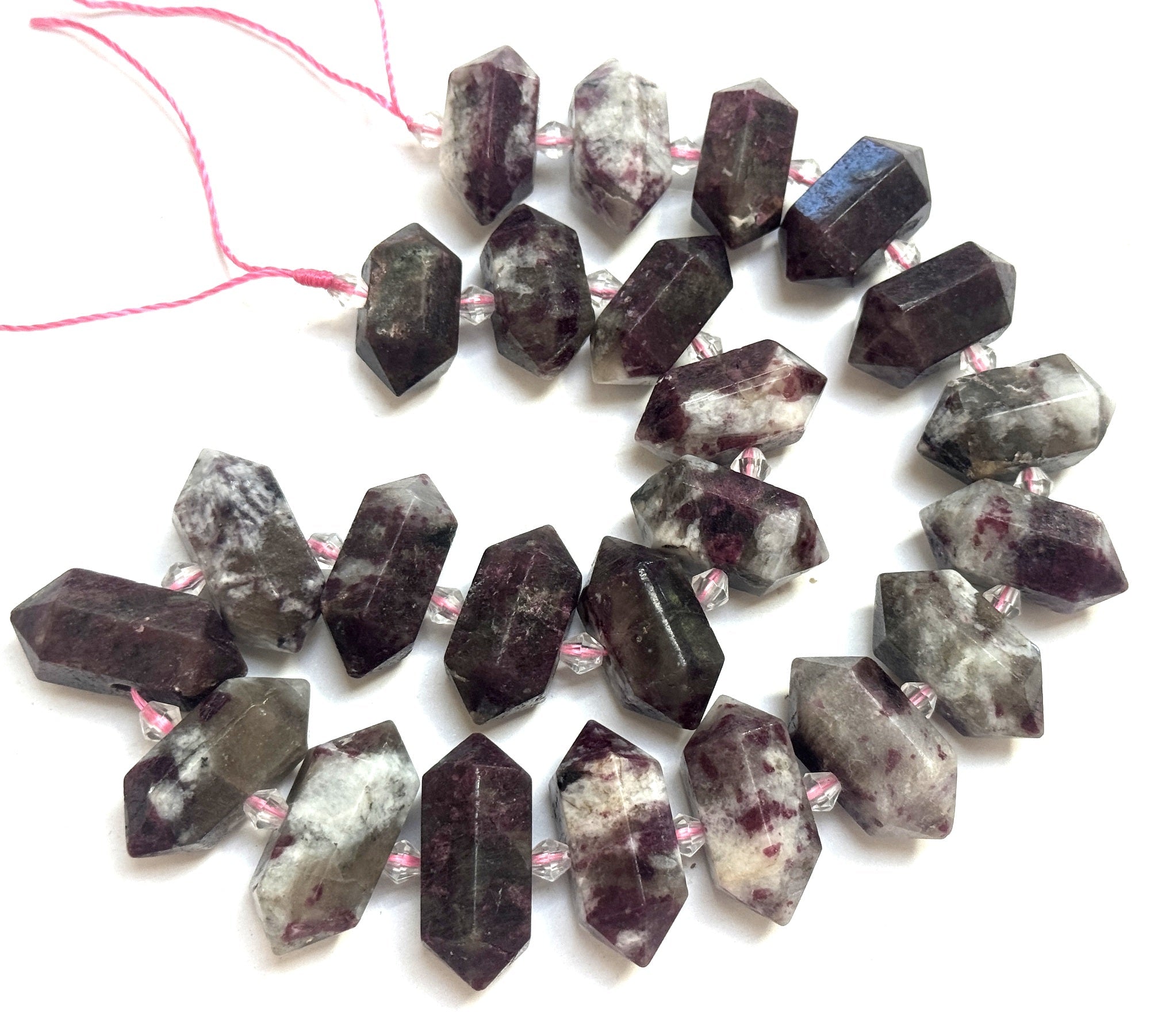 Pink Tourmaline in Quartz, 25 double terminated centre drilled points, 38cm strand - Oz Beads 
