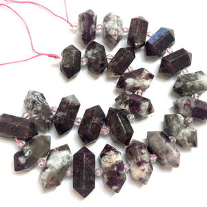 Pink Tourmaline in Quartz, 25 double terminated centre drilled points, 38cm strand - Oz Beads 