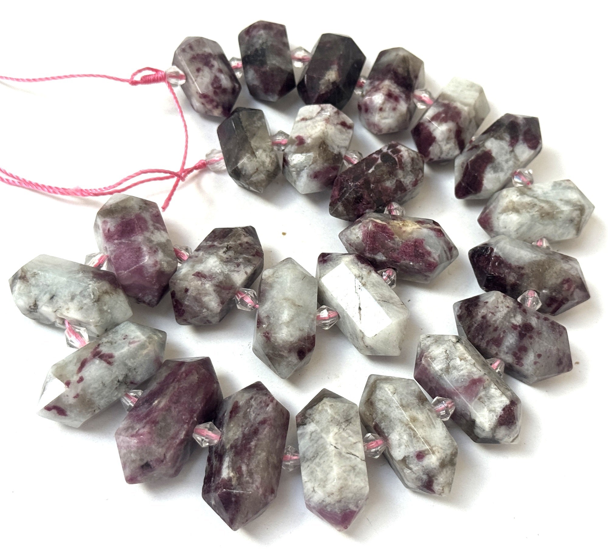 Pink Tourmaline in Quartz, 25 double terminated centre drilled points, 38cm strand - Oz Beads 