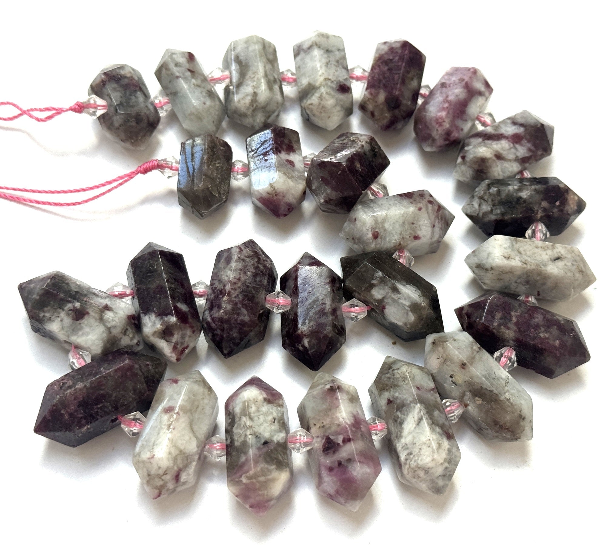Pink Tourmaline in Quartz, 25 double terminated centre drilled points, 38cm strand - Oz Beads 