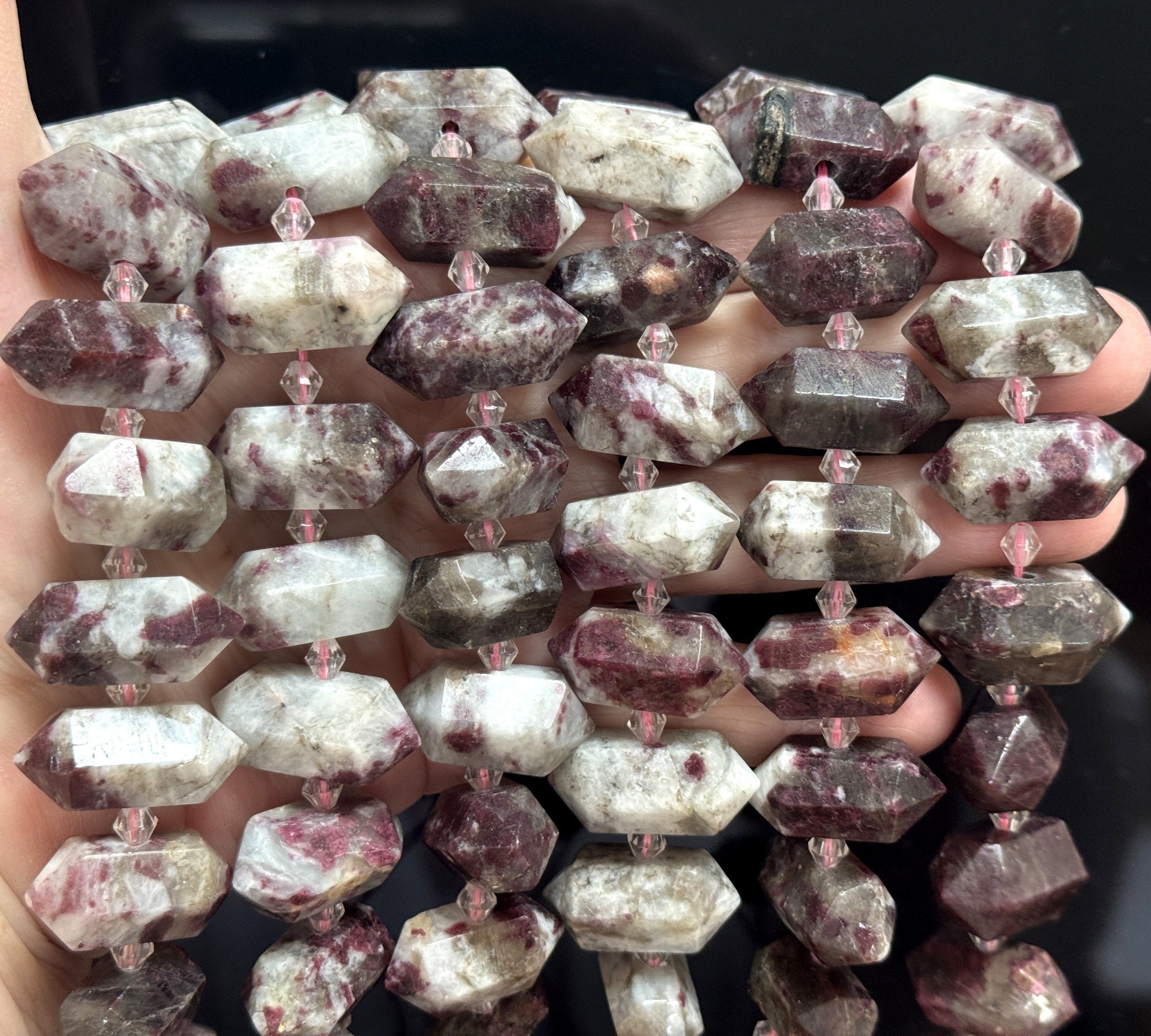 Pink Tourmaline in Quartz, 25 double terminated centre drilled points, 38cm strand - Oz Beads 