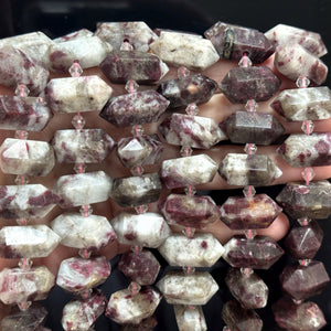 Pink Tourmaline in Quartz, 25 double terminated centre drilled points, 38cm strand - Oz Beads 