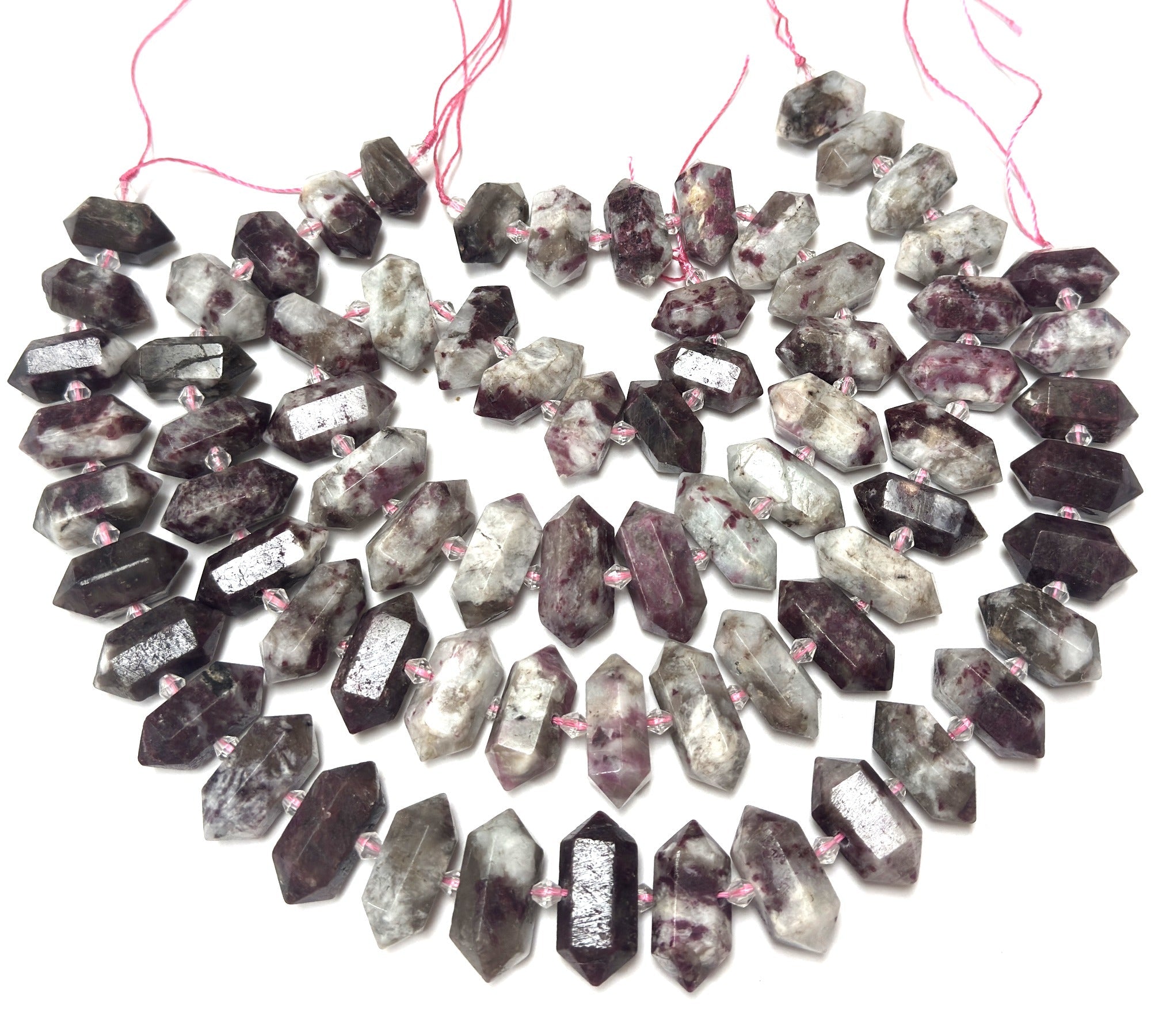 Pink Tourmaline in Quartz, 25 double terminated centre drilled points, 38cm strand - Oz Beads 
