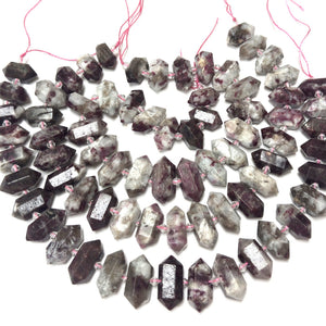 Pink Tourmaline in Quartz, 25 double terminated centre drilled points, 38cm strand - Oz Beads 