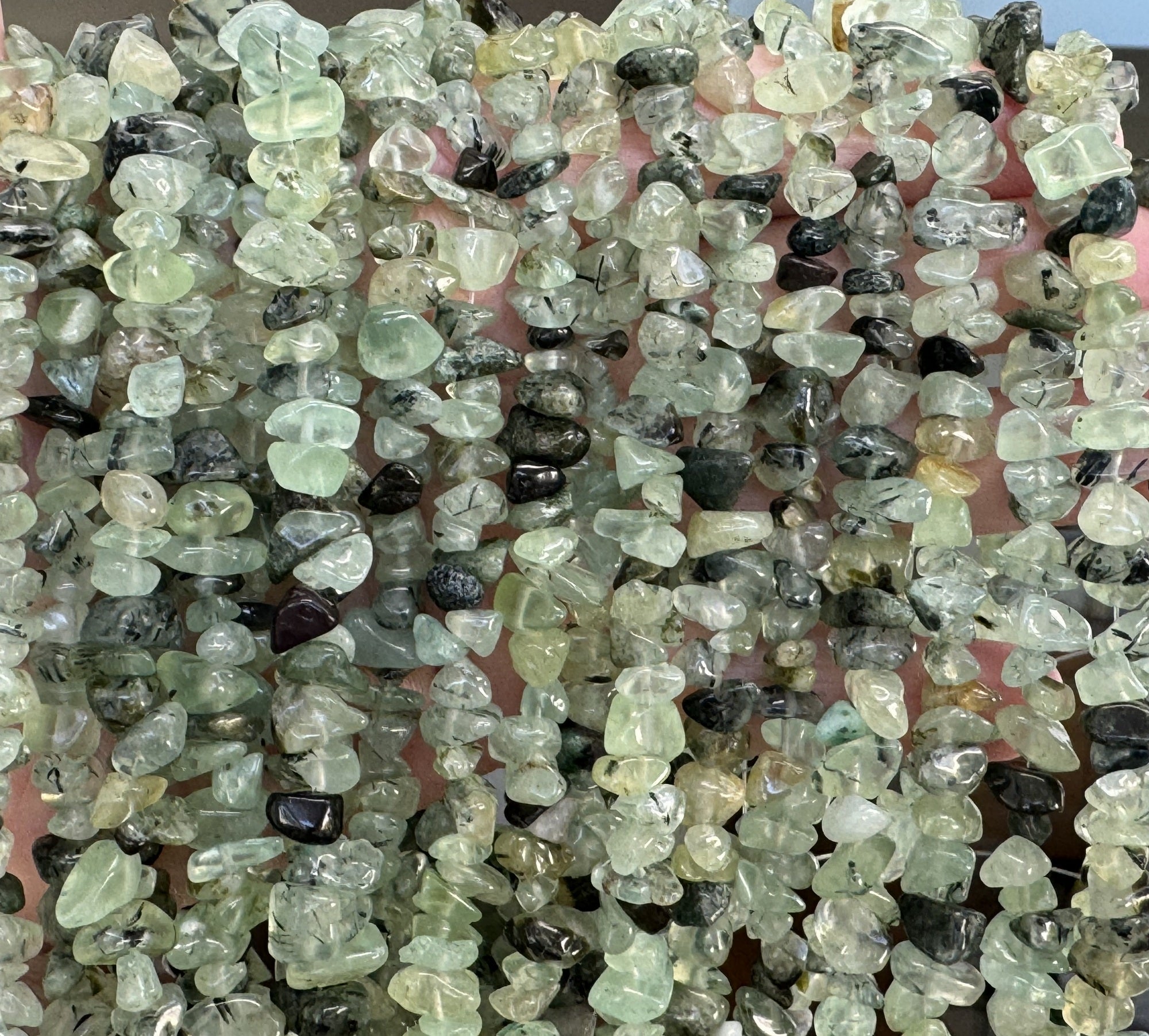 Prehnite 6-9mm chip beads natural gemstone chips 32" strand - Oz Beads 