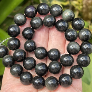 Rainbow Black Obsidian 12mm round natural gemstone beads 38cm strand - Oz Beads 