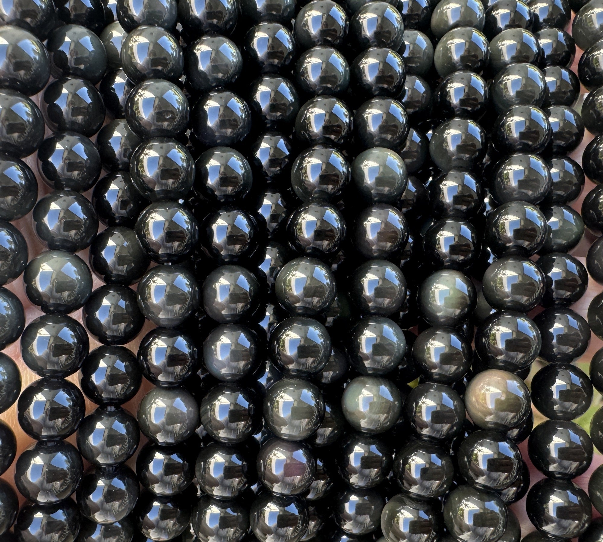 Black Rainbow Obsidian 8mm round natural gemstone beads 15" strand - Oz Beads 