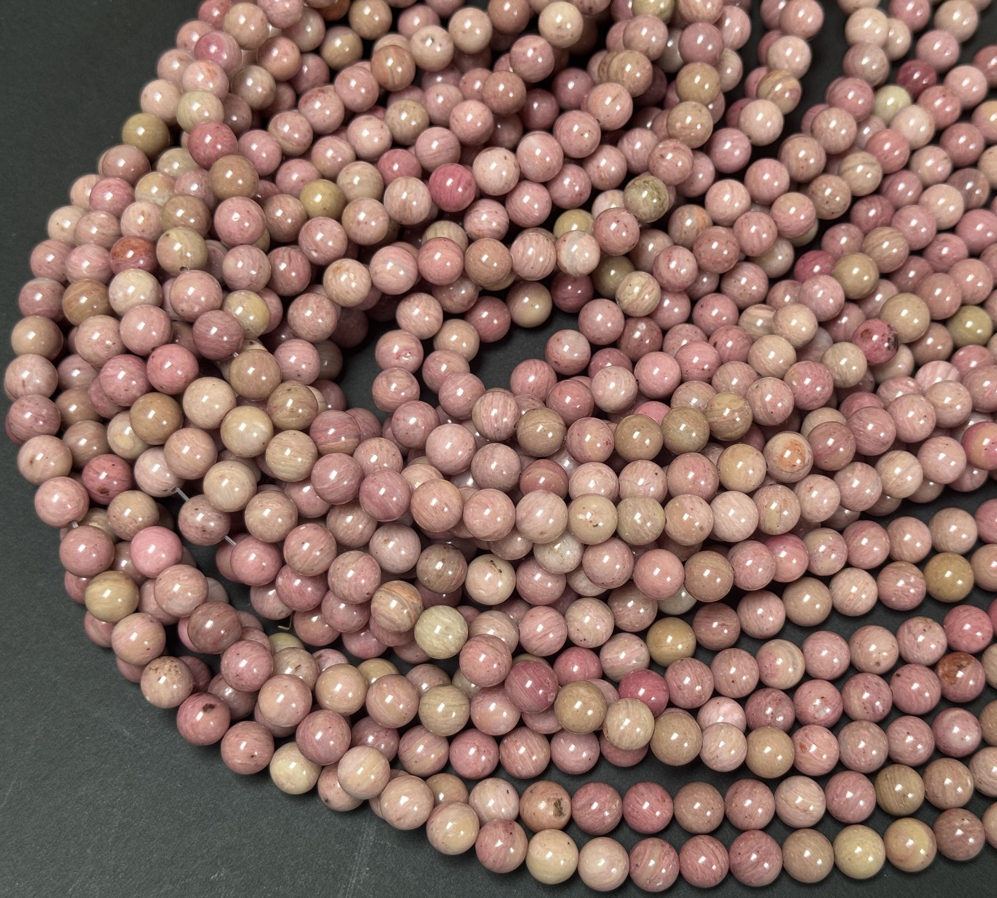 Rhodonite 8mm round natural gemstone beads 15" strand - Oz Beads 