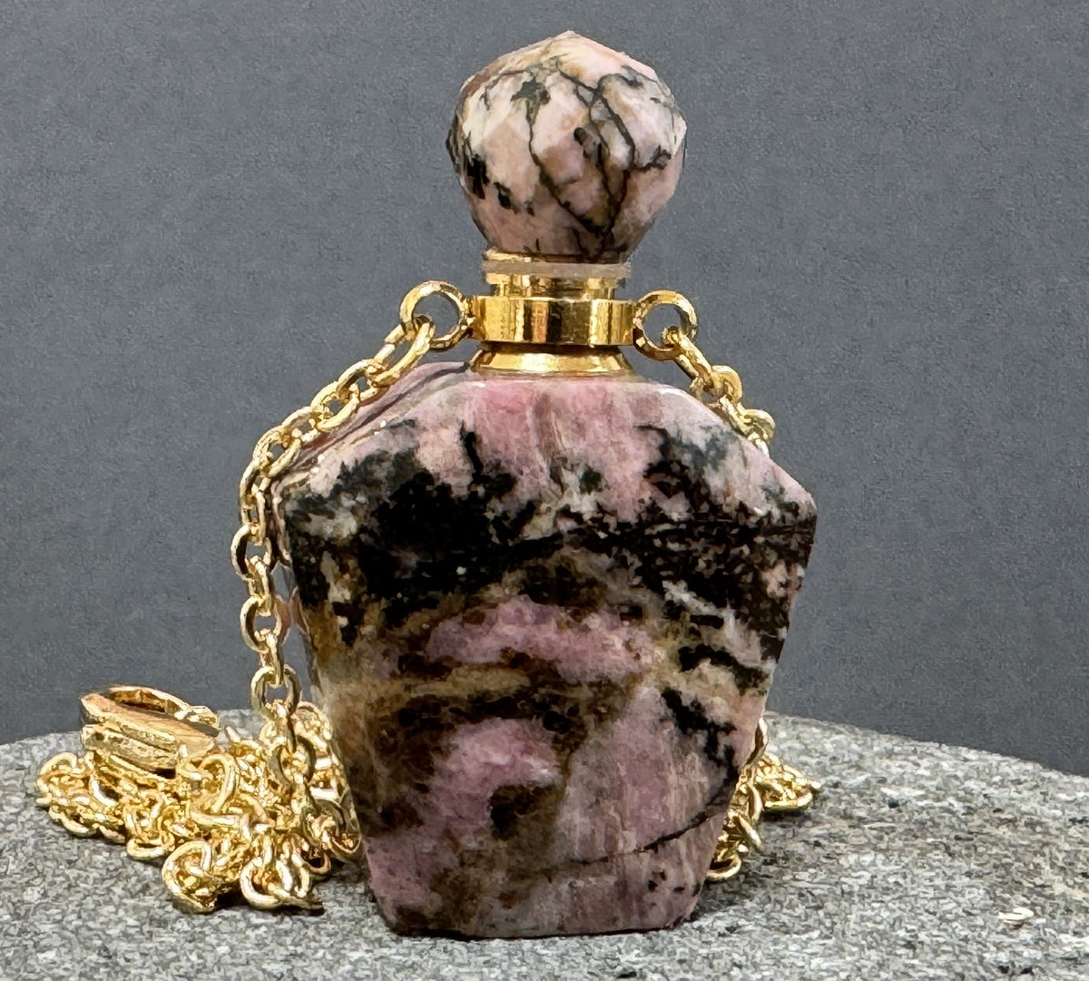 Rhodonite Perfume Bottle Necklace, natural gemstone 38mm crystal pendant on chain - Oz Beads 