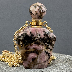 Rhodonite Perfume Bottle Necklace, natural gemstone 38mm crystal pendant on chain - Oz Beads 