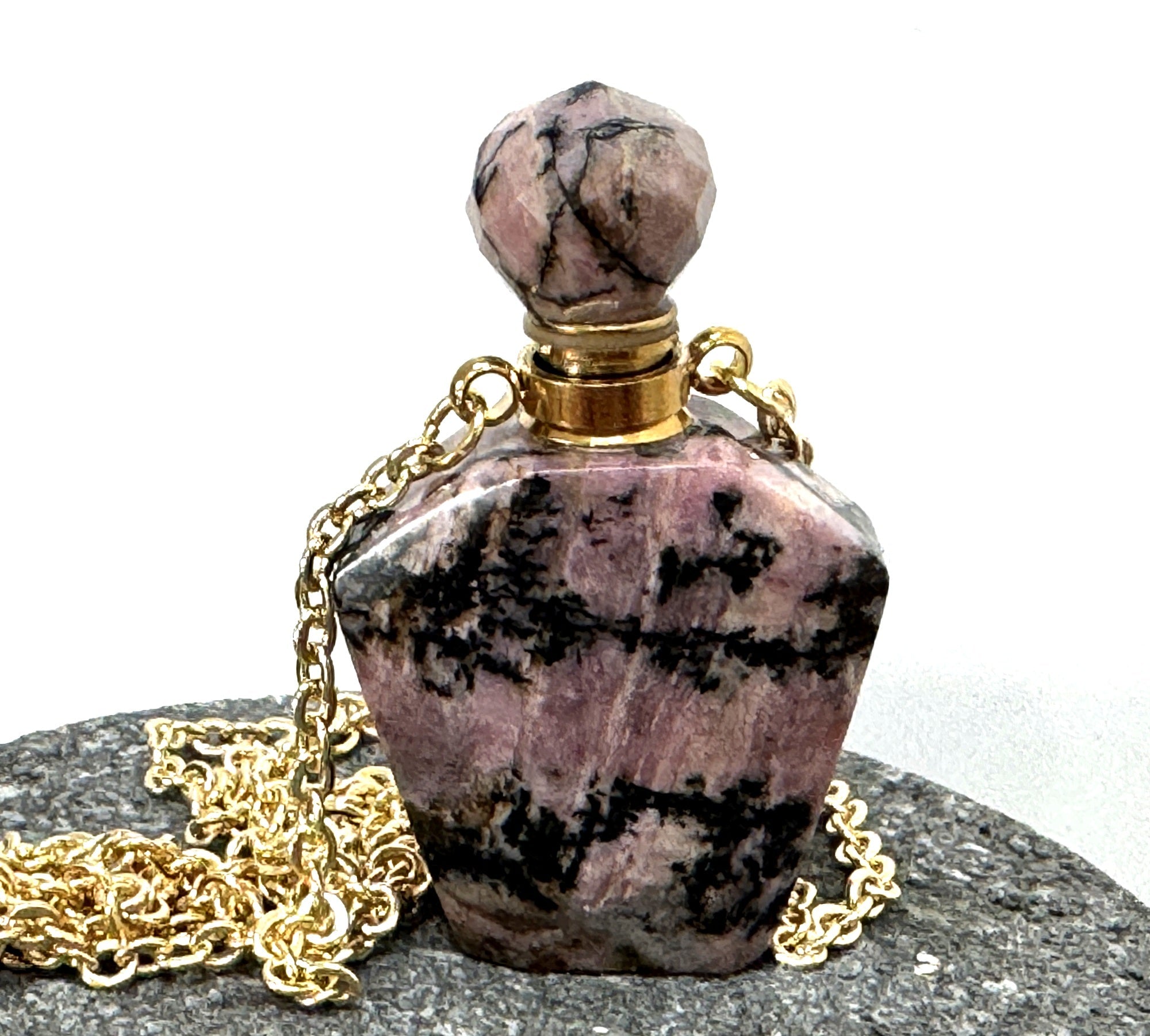 Rhodonite Perfume Bottle Necklace, natural gemstone 38mm crystal pendant on chain - Oz Beads 