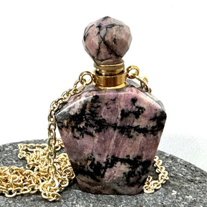 Rhodonite Perfume Bottle Necklace, natural gemstone 38mm crystal pendant on chain - Oz Beads 