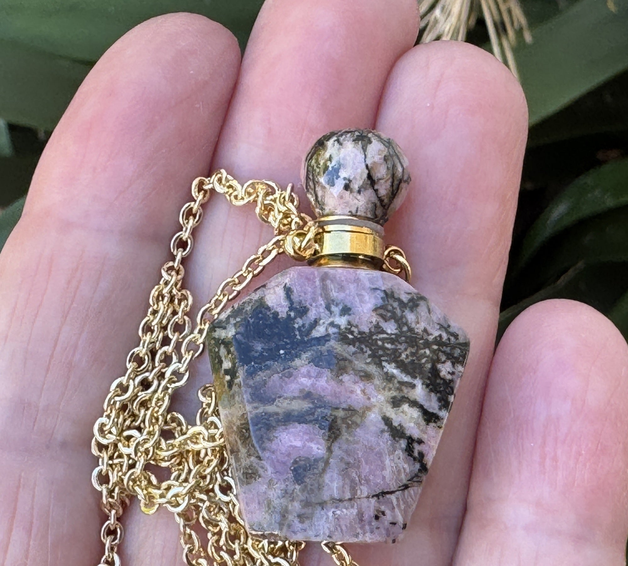 Rhodonite Perfume Bottle Necklace, natural gemstone 38mm crystal pendant on chain - Oz Beads 