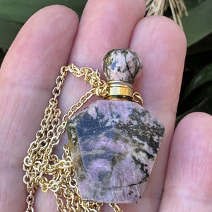 Rhodonite Perfume Bottle Necklace, natural gemstone 38mm crystal pendant on chain - Oz Beads 