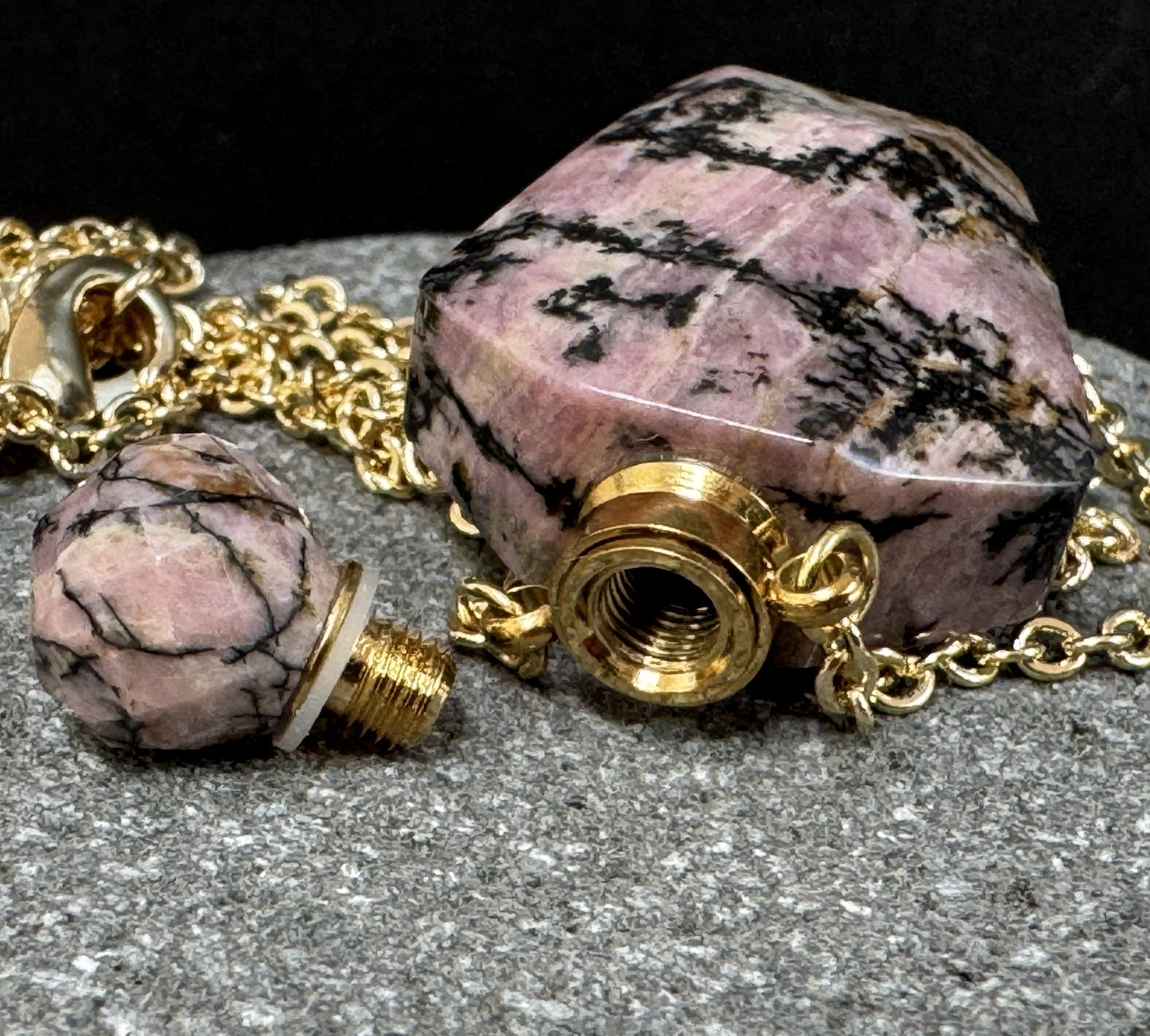 Rhodonite Perfume Bottle Necklace, natural gemstone 38mm crystal pendant on chain - Oz Beads 