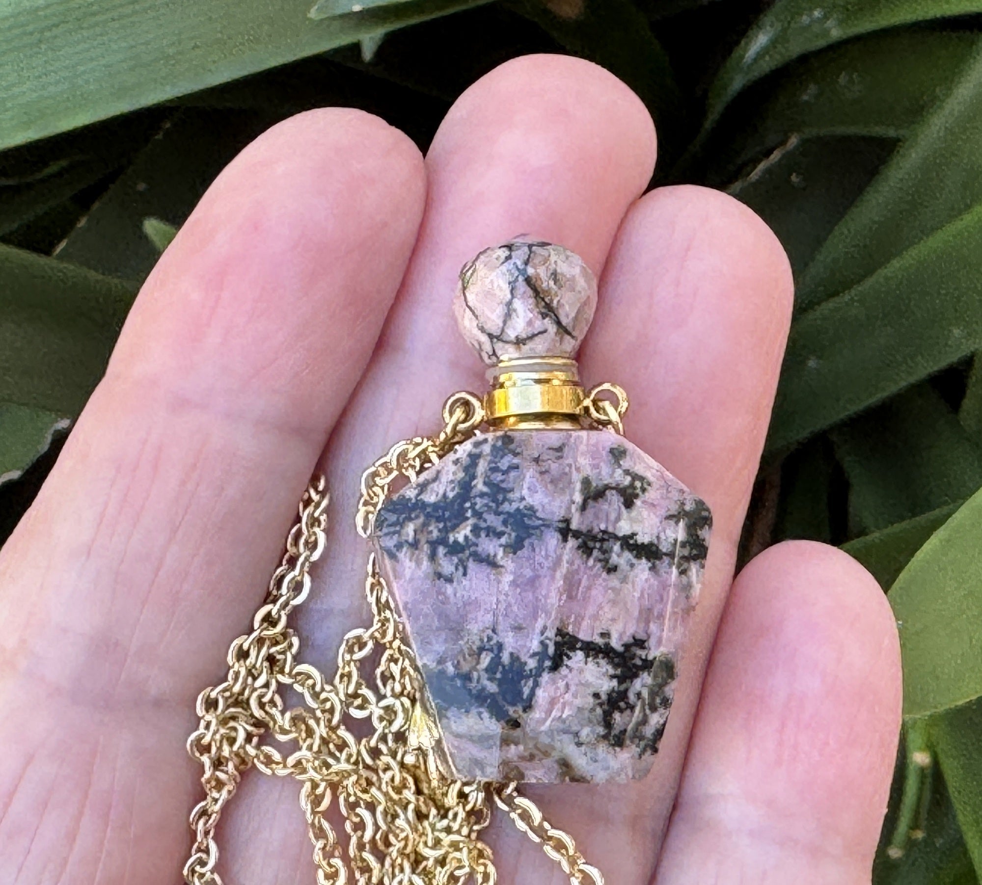 Rhodonite Perfume Bottle Necklace, natural gemstone 38mm crystal pendant on chain - Oz Beads 