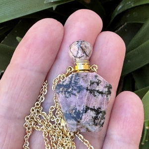 Rhodonite Perfume Bottle Necklace, natural gemstone 38mm crystal pendant on chain - Oz Beads 