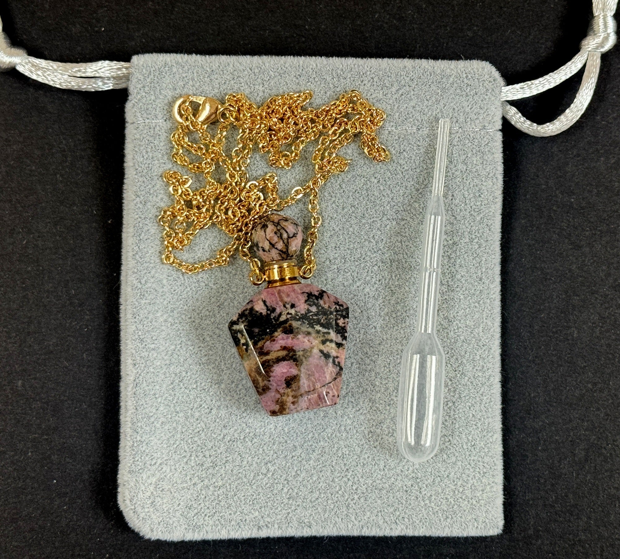 Rhodonite Perfume Bottle Necklace, natural gemstone 38mm crystal pendant on chain - Oz Beads 