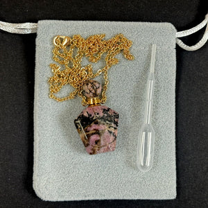 Rhodonite Perfume Bottle Necklace, natural gemstone 38mm crystal pendant on chain - Oz Beads 