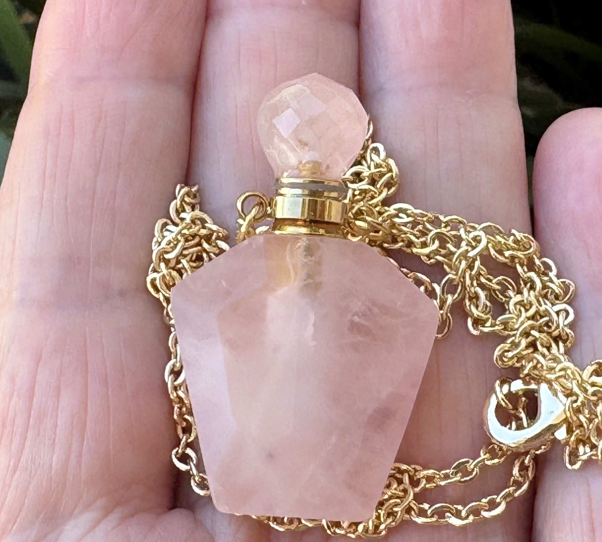 Rose Quartz Perfume Bottle Necklace, natural gemstone 38mm crystal pendant on chain - Oz Beads 