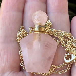 Rose Quartz Perfume Bottle Necklace, natural gemstone 38mm crystal pendant on chain - Oz Beads 