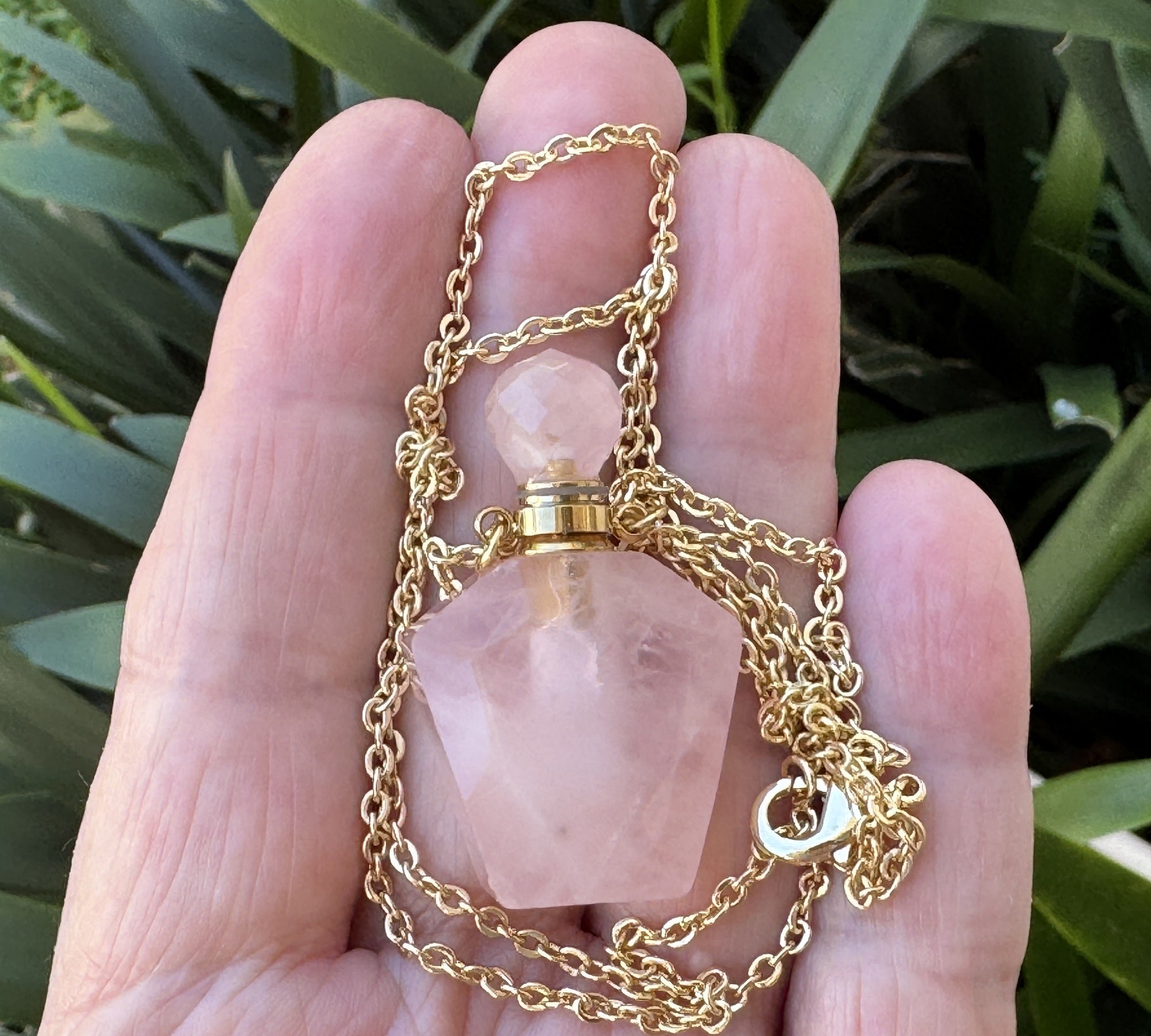 Rose Quartz Perfume Bottle Necklace, natural gemstone 38mm crystal pendant on chain - Oz Beads 