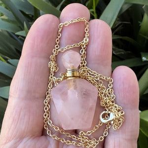 Rose Quartz Perfume Bottle Necklace, natural gemstone 38mm crystal pendant on chain - Oz Beads 