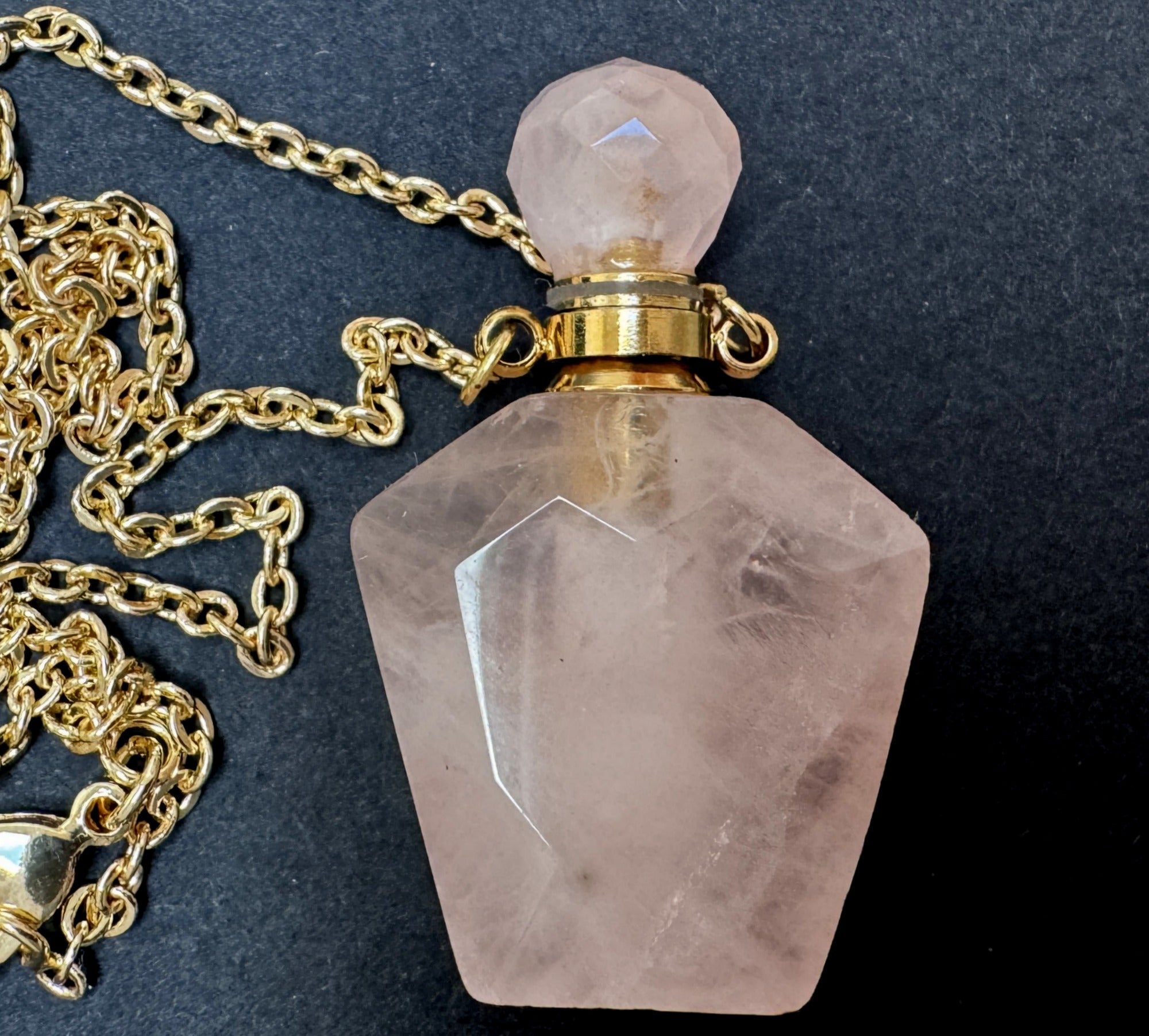 Rose Quartz Perfume Bottle Necklace, natural gemstone 38mm crystal pendant on chain - Oz Beads 
