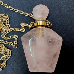 Rose Quartz Perfume Bottle Necklace, natural gemstone 38mm crystal pendant on chain - Oz Beads 