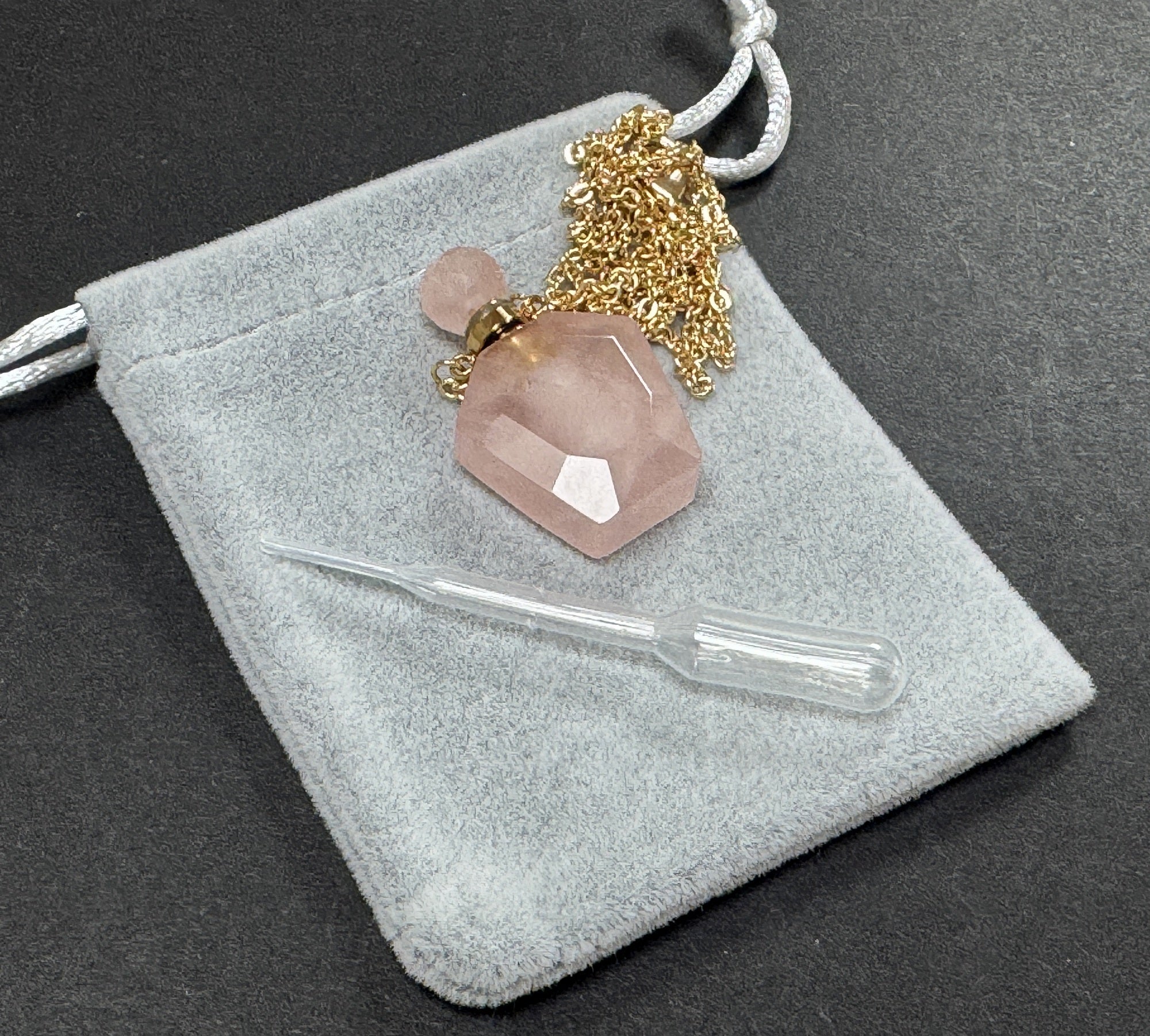 Rose Quartz Perfume Bottle Necklace, natural gemstone 38mm crystal pendant on chain - Oz Beads 