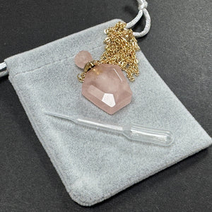 Rose Quartz Perfume Bottle Necklace, natural gemstone 38mm crystal pendant on chain - Oz Beads 