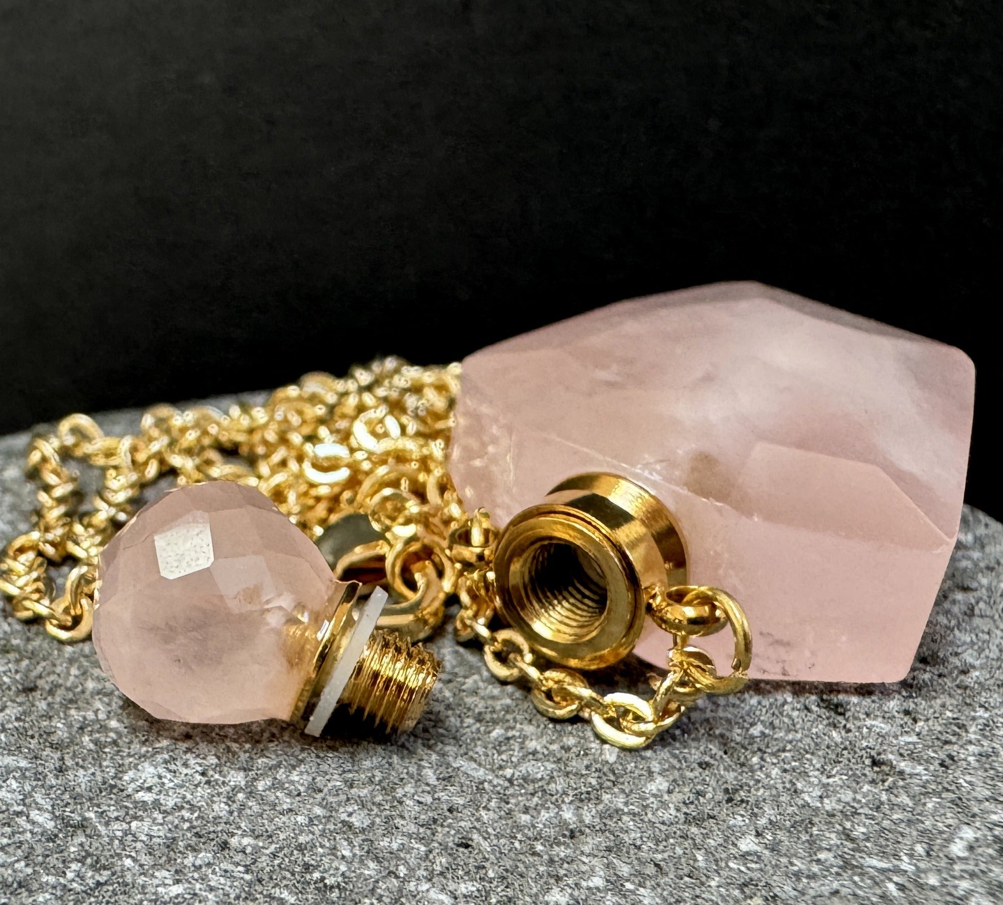Rose Quartz Perfume Bottle Necklace, natural gemstone 38mm crystal pendant on chain - Oz Beads 