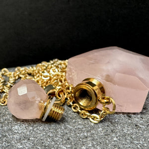 Rose Quartz Perfume Bottle Necklace, natural gemstone 38mm crystal pendant on chain - Oz Beads 