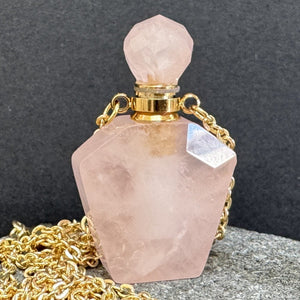 Rose Quartz Perfume Bottle Necklace, natural gemstone 38mm crystal pendant on chain - Oz Beads 