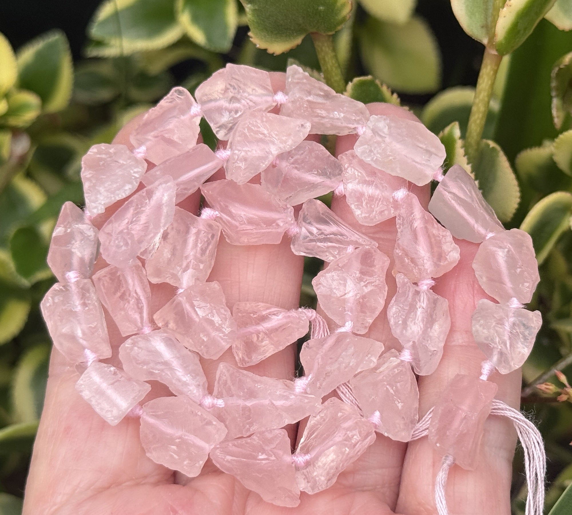 Rose Quartz raw rough nuggets center drilled natural rock crystal beads 16" strand - Oz Beads 