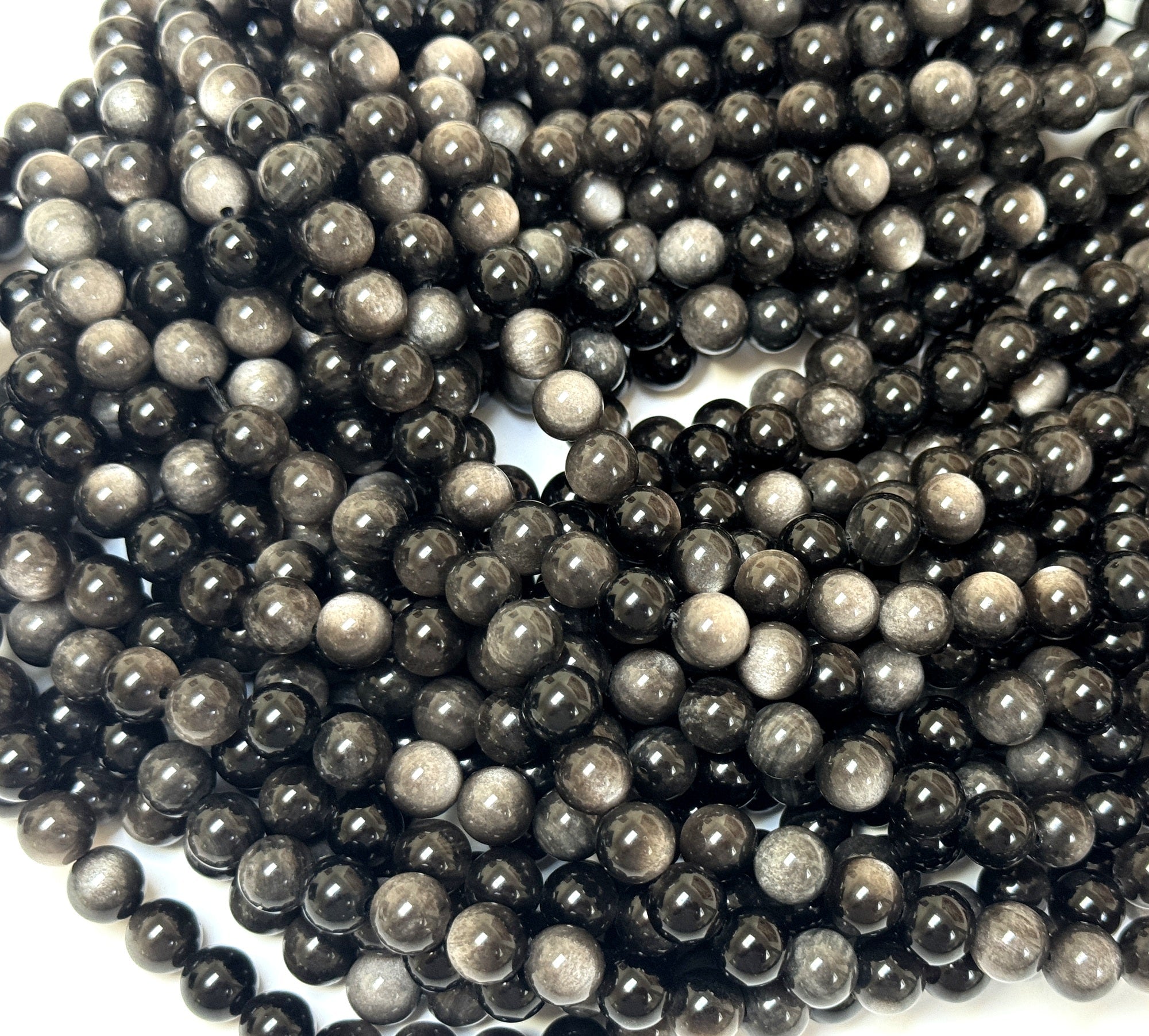 Silver Obsidian 8mm round natural gemstone beads 15" strand - Oz Beads 