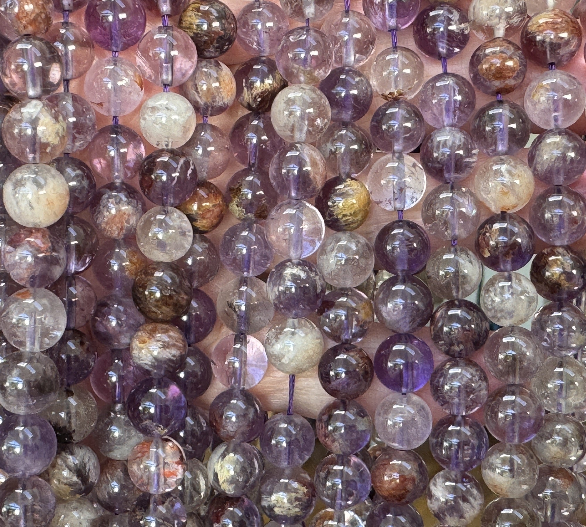 Super Seven Cacoxenite Amethyst 8mm round beads 15.5" strand - Oz Beads 